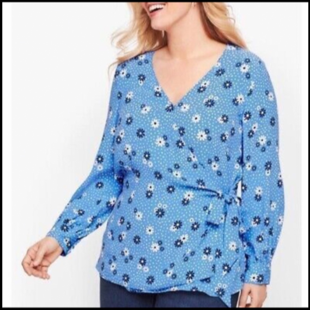 Talbots Poet Sleeve Faux Wrap Daisy Flowers & Dots Top Blue/Black/White Size L
